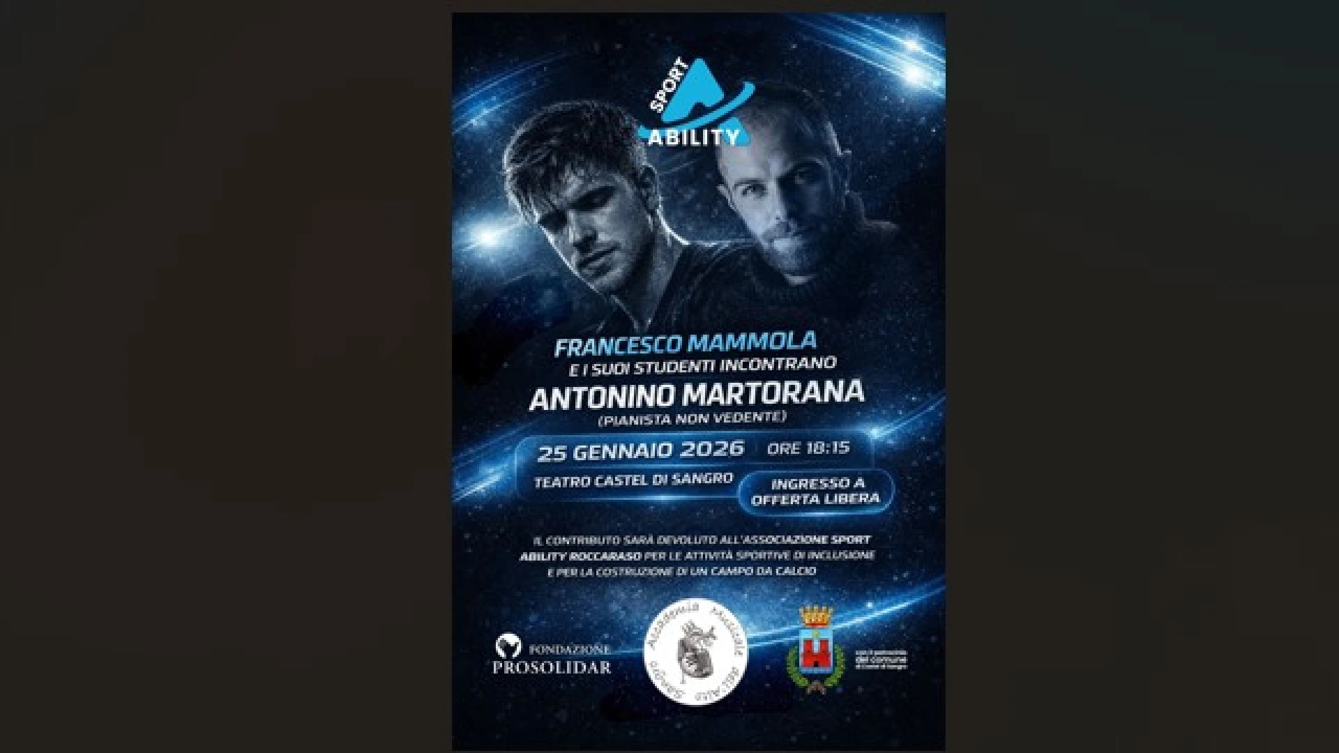 Castel Di Sangro: domenica 25 gennaio al Teatro Tosti il concerto solidale del maestro Francesco Mammola e di Antonino Martorana.
